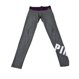 Victorias Secret Pink Gray Yoga Leggings With Purple Waistband & Side Logo Detai